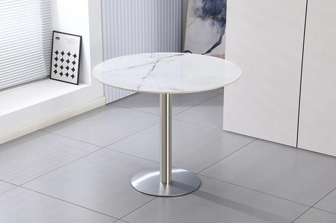 Solis Marble Bistro Table White, Silver Pedestal